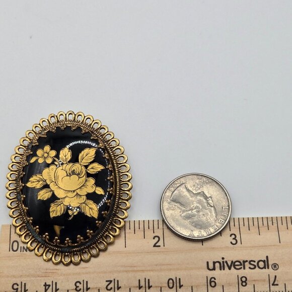 VTG Brooch Gold Tone Black Enamel Floral Cameo Antique Renaissance Granny Pin - Picture 10 of 10